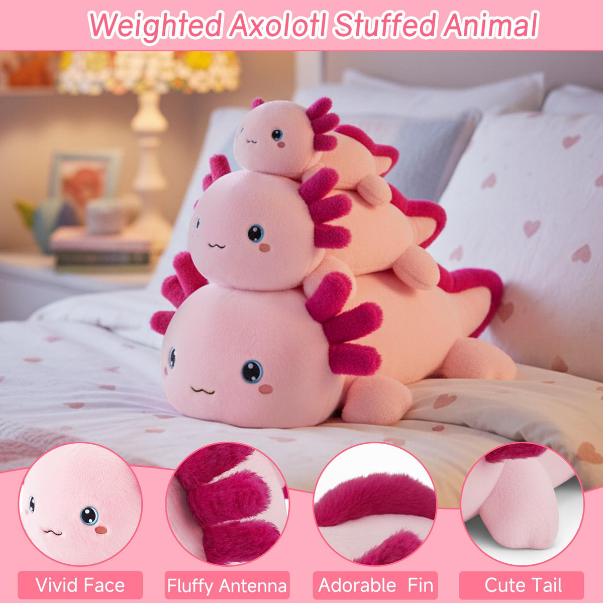 SQEQE weighted axolotl plush with frilly gills for a playful bedside friend