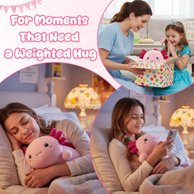 SQEQE weighted axolotl plush ideal for on-lap cuddles on the sofa