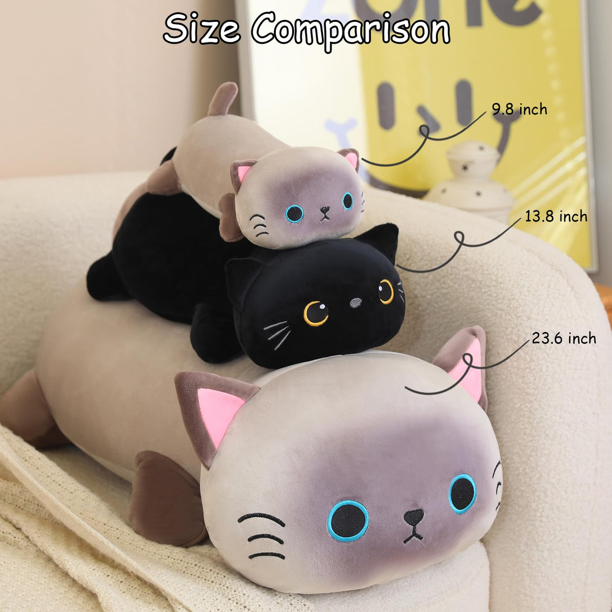 SQEQE weighted black cat plush 60 cm display shows large, comforting presence.