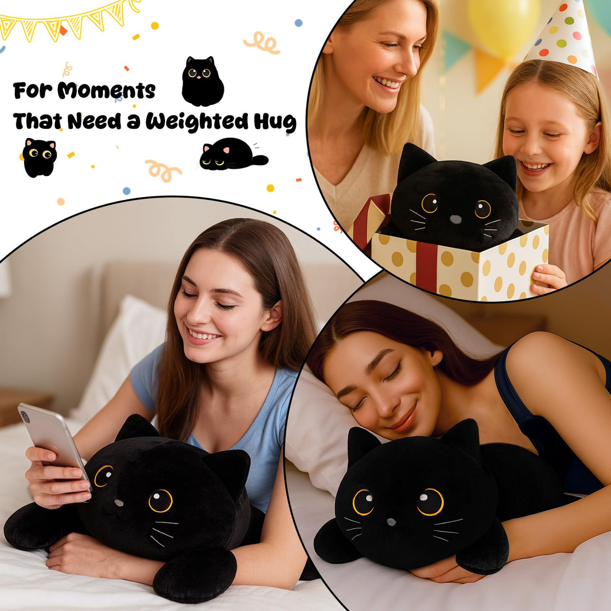 SQEQE weighted black cat plush on desk enhances cozy workspace.