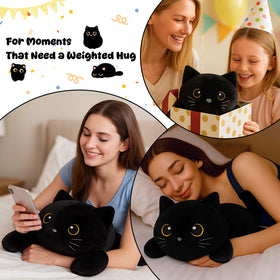 SQEQE weighted black cat plush on desk enhances cozy workspace.