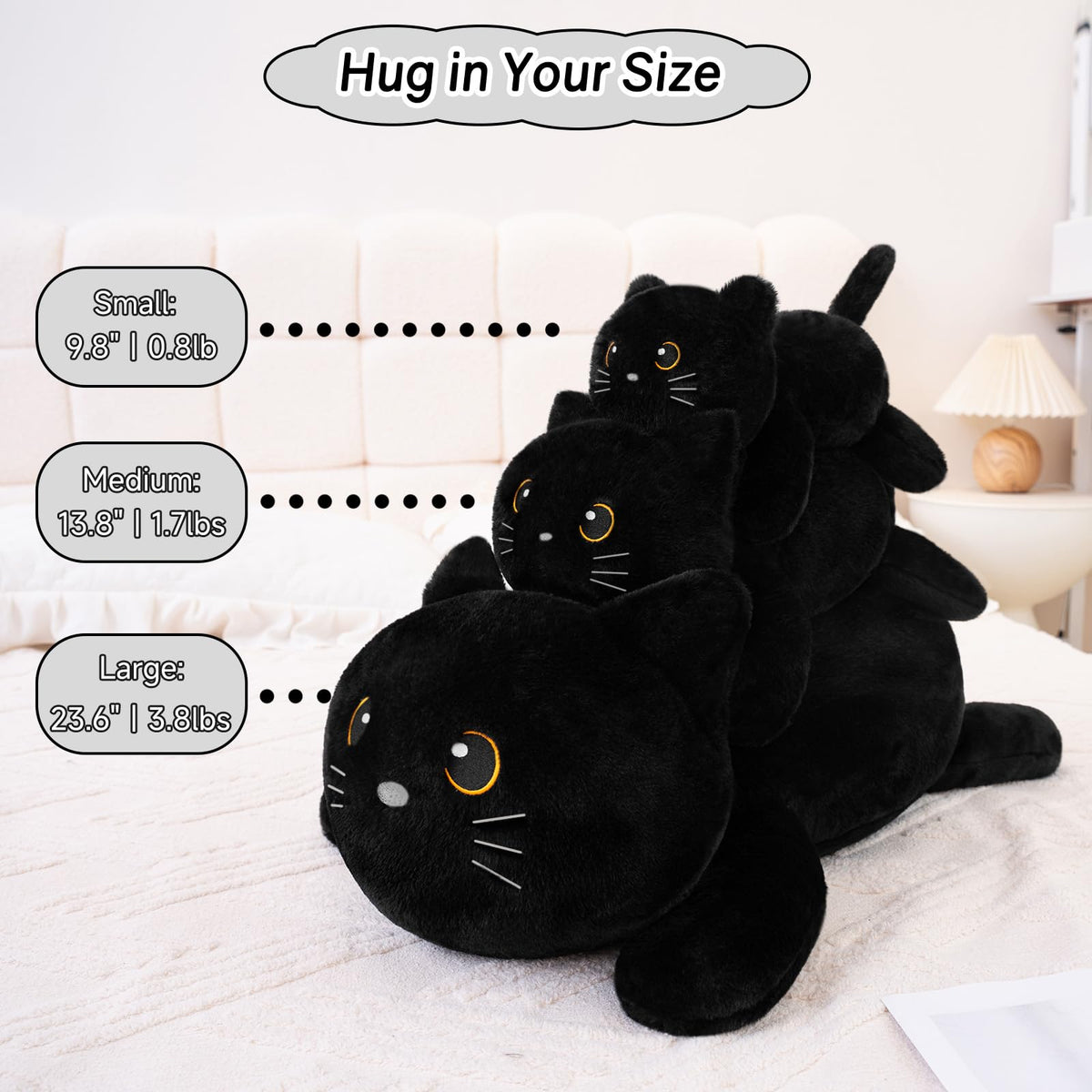 SQEQE weighted black cat plush eyes detail adds charming bedtime charm.