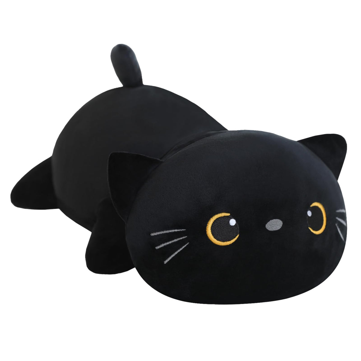 SQEQE weighted black cat plush front view, cozy companion for naps.