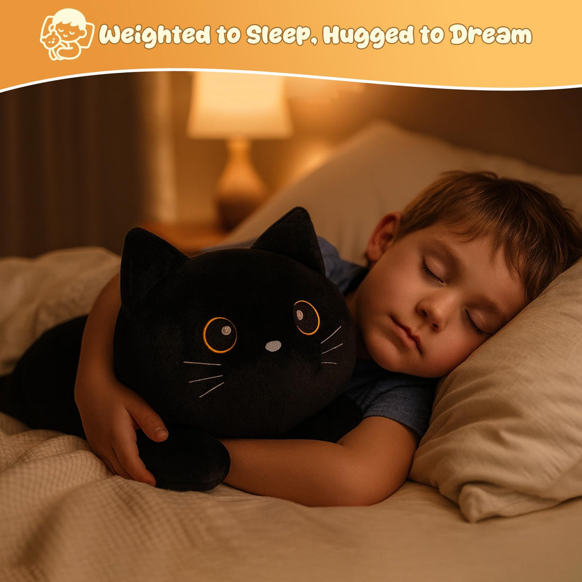 SQEQE weighted black cat plush on lap invites calm reading sessions.