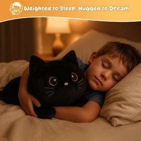 SQEQE weighted black cat plush on lap invites calm reading sessions.