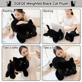 SQEQE weighted black cat plush packaged for gifting and unboxing.