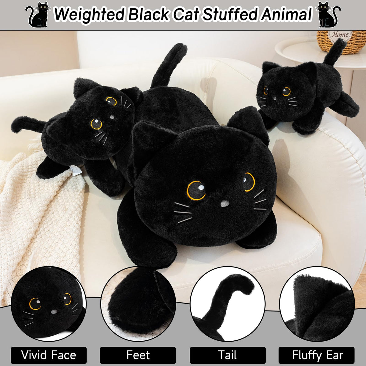 SQEQE weighted black cat plush side view shows soft fur and reassuring weight.