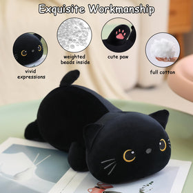 SQEQE weighted black cat plush with soft fabric close-up, inviting touch and warmth.