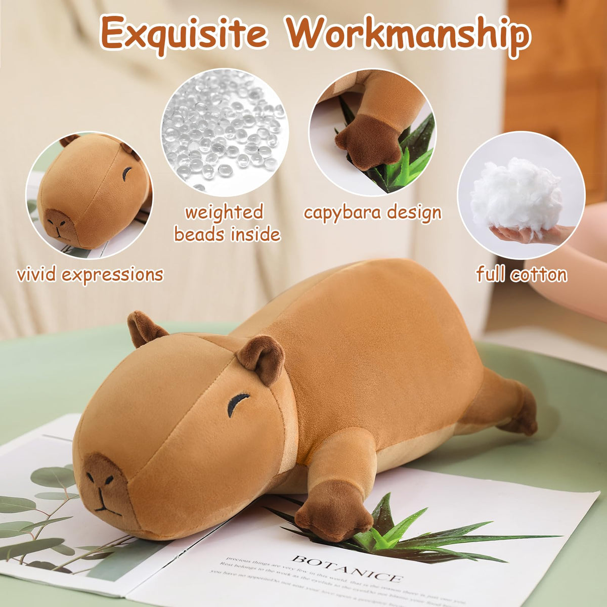 SQEQE weighted capybara plush closeup shows soft fur and beads.