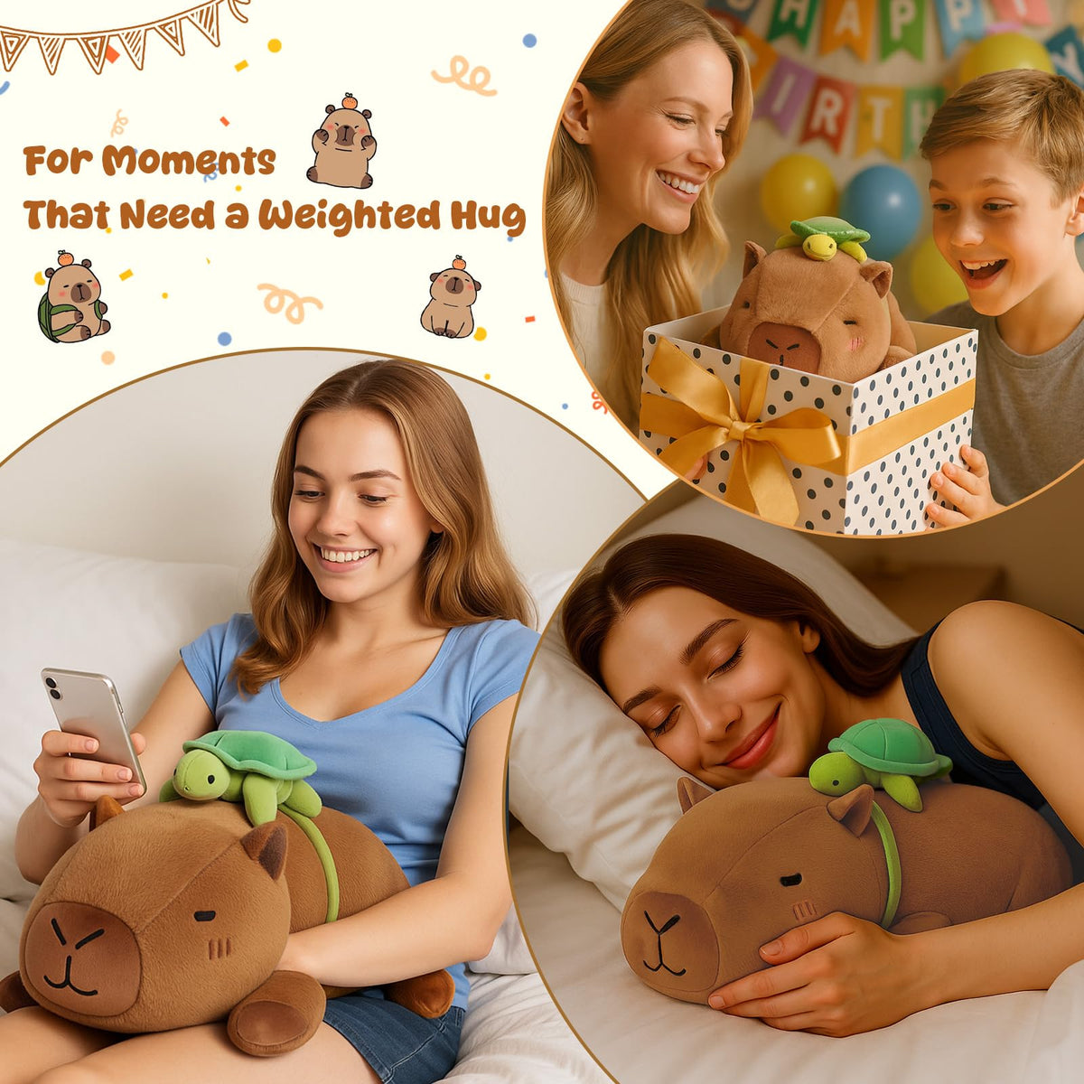 SQEQE weighted capybara plush on sofa, inviting relaxation during downtime