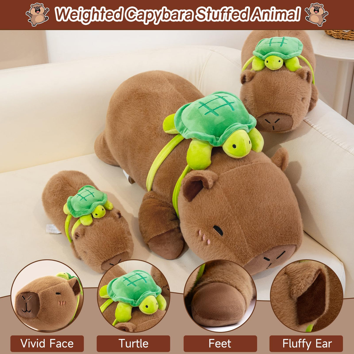 SQEQE weighted capybara plush with turtle backpack back view, playful storage on adventures