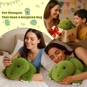 SQEQE weighted dinosaur plush tucked in bed for bedtime snuggles