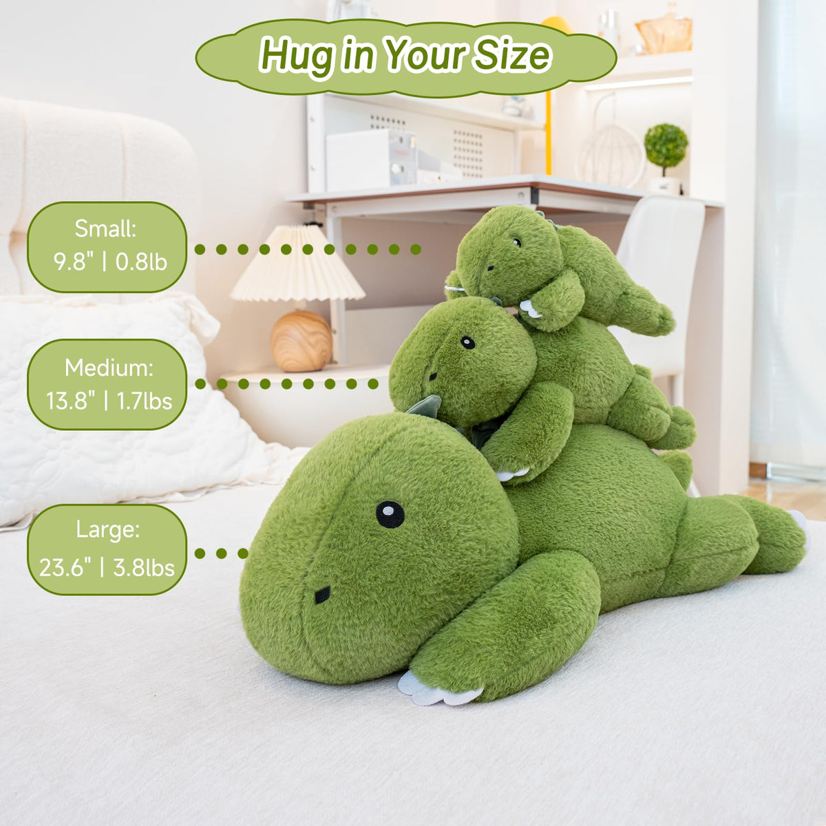 SQEQE weighted dinosaur plush on desk as desk companion