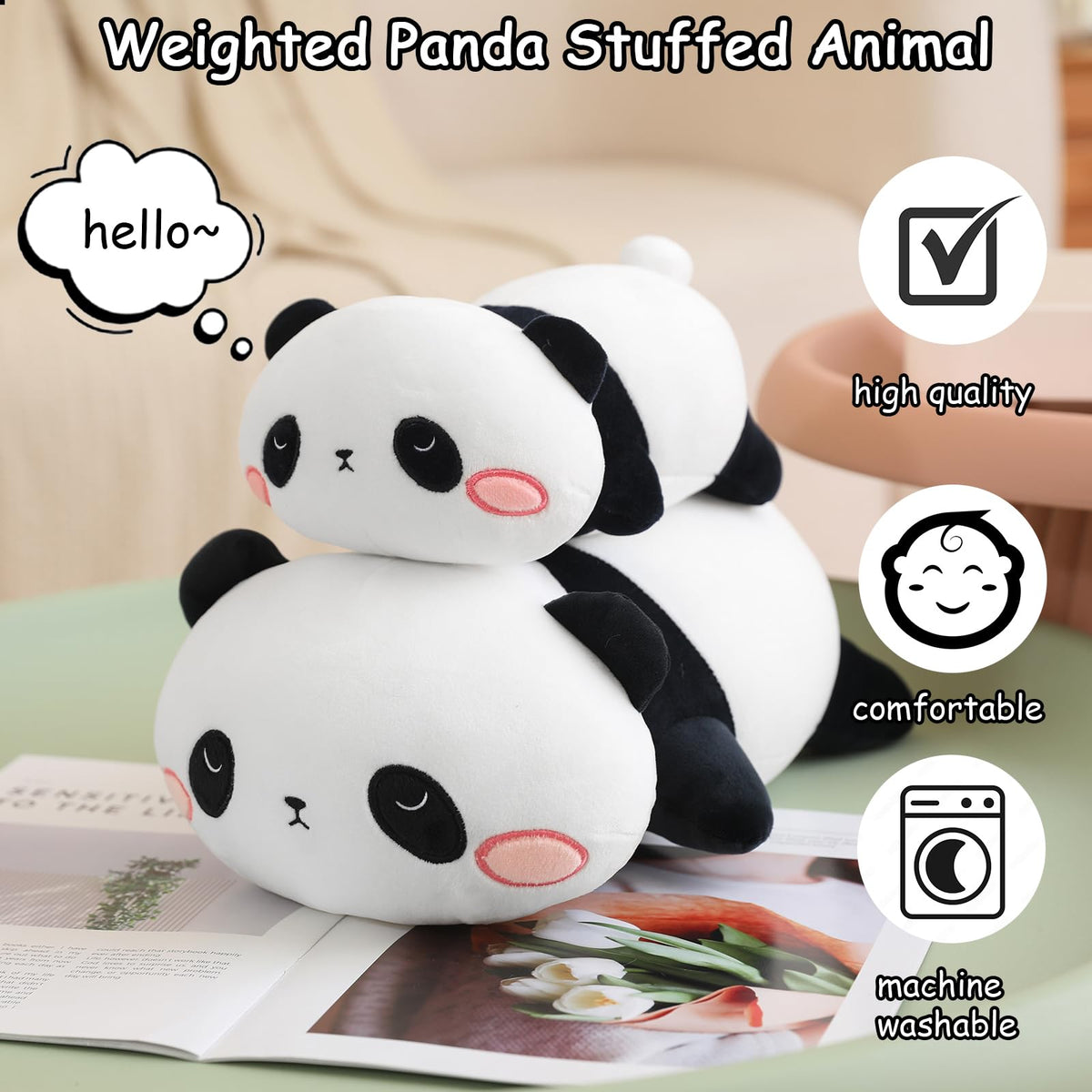 SQEQE weighted panda plush face closeup showcasing soft comfort fabric