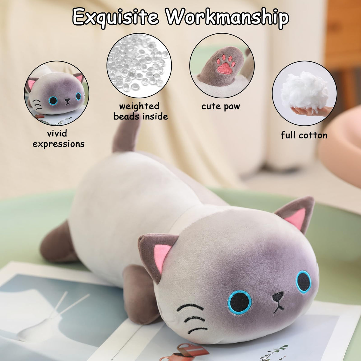 SQEQE weighted Siamese cat plush as pillow, comfortable resting companion