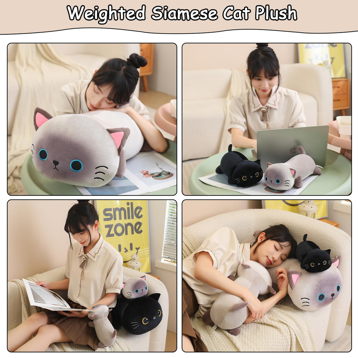 SQEQE weighted Siamese cat plush closeup material, fuzzy fabric and beads