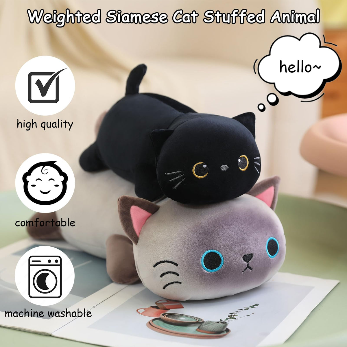 SQEQE weighted Siamese cat plush side view, soft texture for relaxing reading