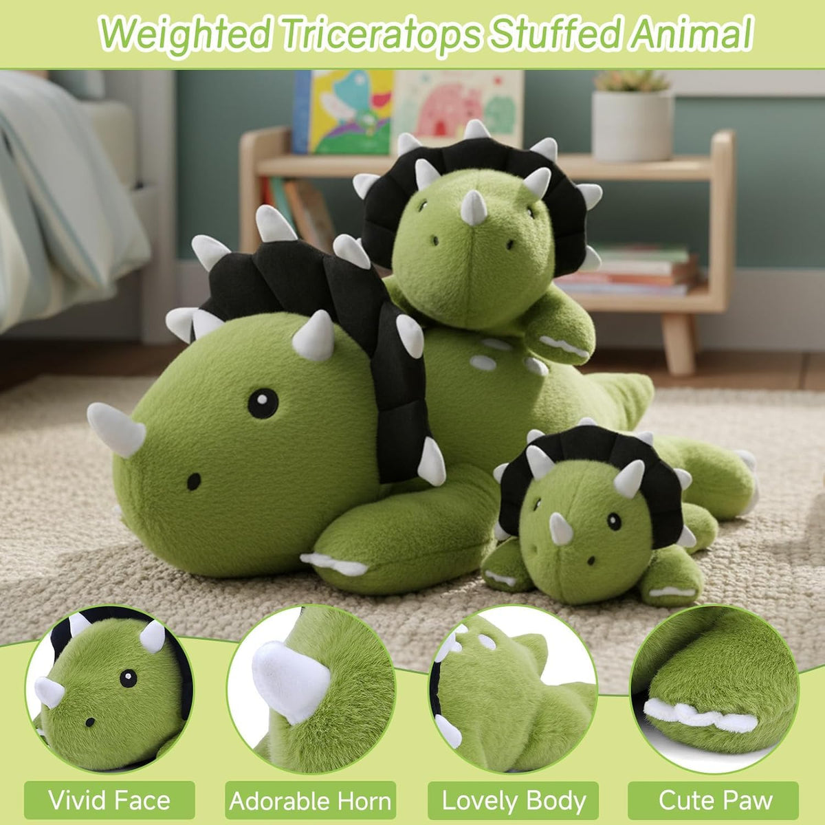 SQEQE weighted Triceratops plush close-up stitching for safe snuggles.