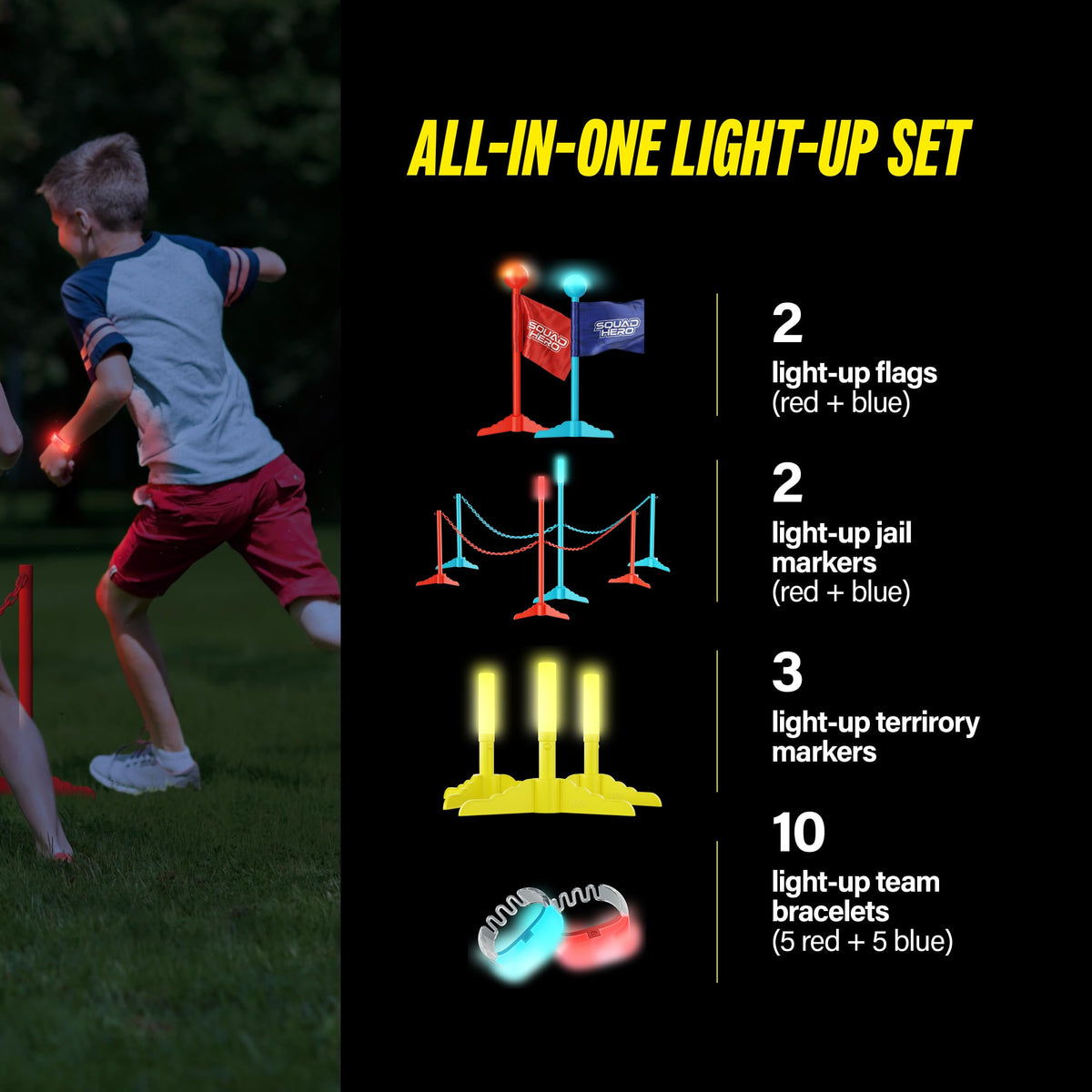 Squad Hero glow bracelets clearly mark teams for safer, visible play.