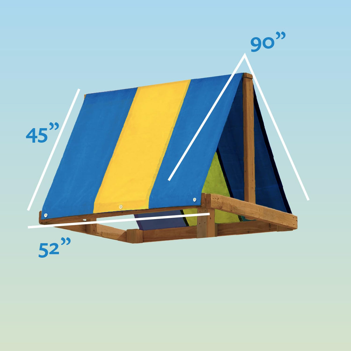 Squirrel Products backyard swing set covered by colorful canopy