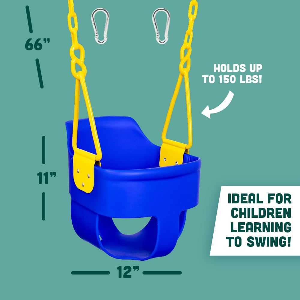 Squirrel Products blue bucket swing in use in a backyard play area