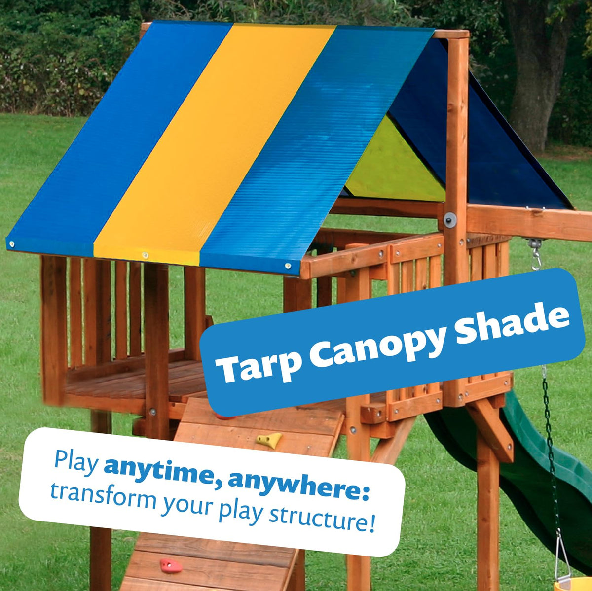 Squirrel Products blue and yellow canopy shade brightens a play area
