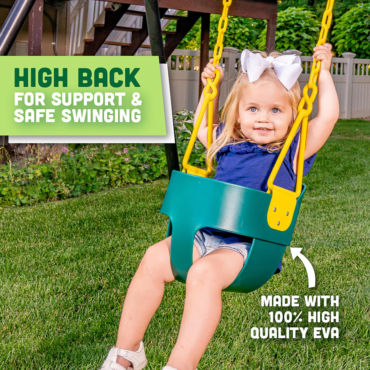 Squirrel Products deluxe toddler swing with 66-inch chain for adjustable height.