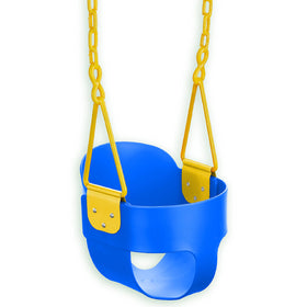 Squirrel Products Deluxe toddler swing blue front view with pinch protection