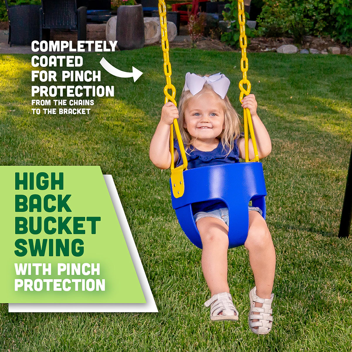 Squirrel Products deluxe toddler swing blue side view highlighting sturdy frame