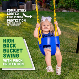 Squirrel Products deluxe toddler swing blue side view highlighting sturdy frame