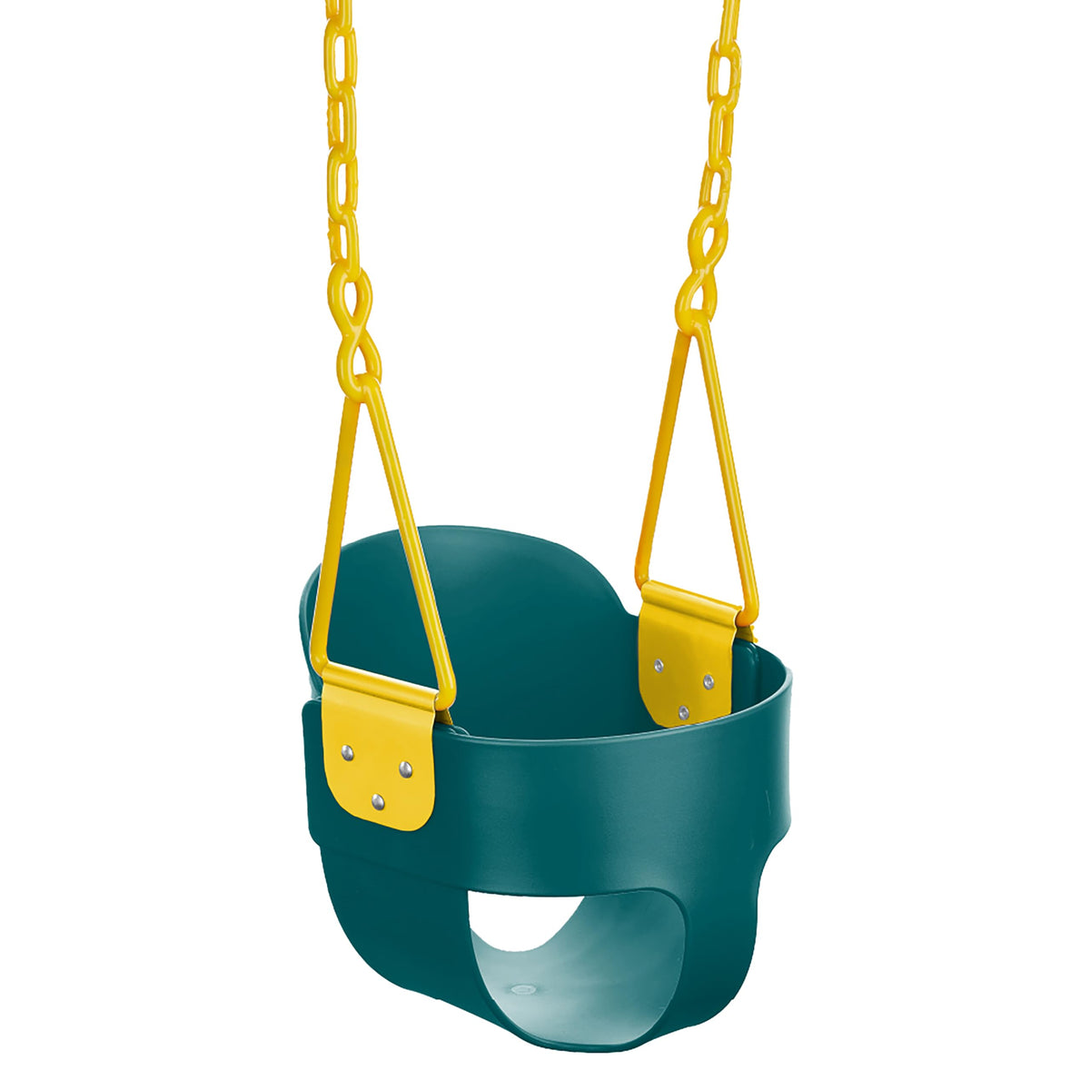 Squirrel Products Deluxe toddler swing green seat offers safe outdoor play.