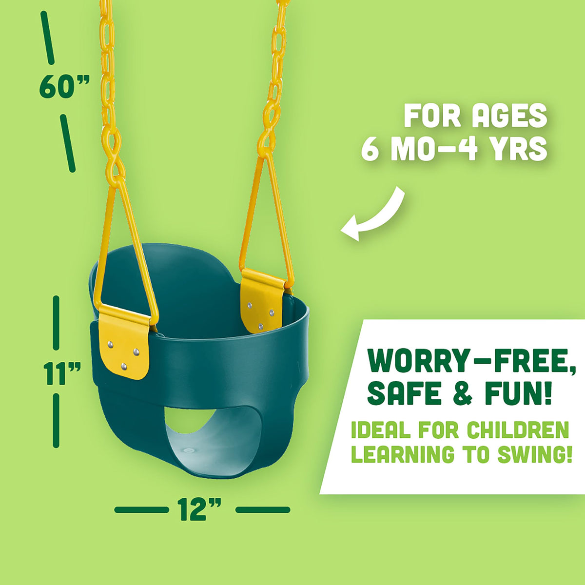 Squirrel Products green toddler swing set up in backyard for easy fun.