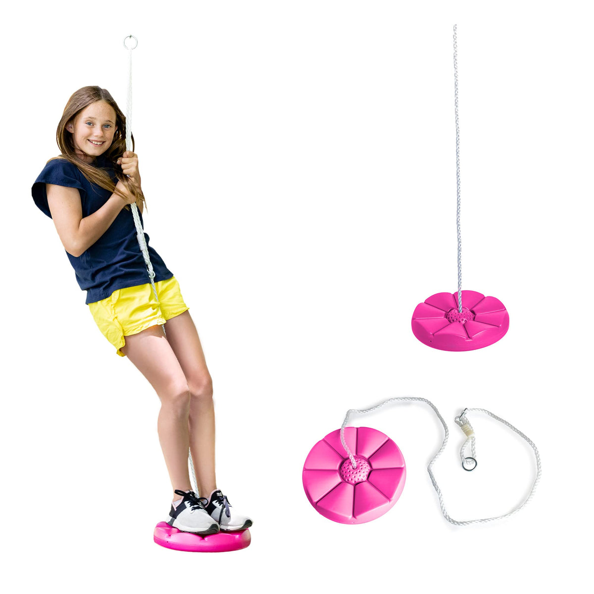 Squirrel Products heavy-duty pink disc swing with rope, ideal for backyard play and easy DIY installation.