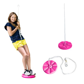 Squirrel Products heavy-duty pink disc swing with rope, ideal for backyard play and easy DIY installation.