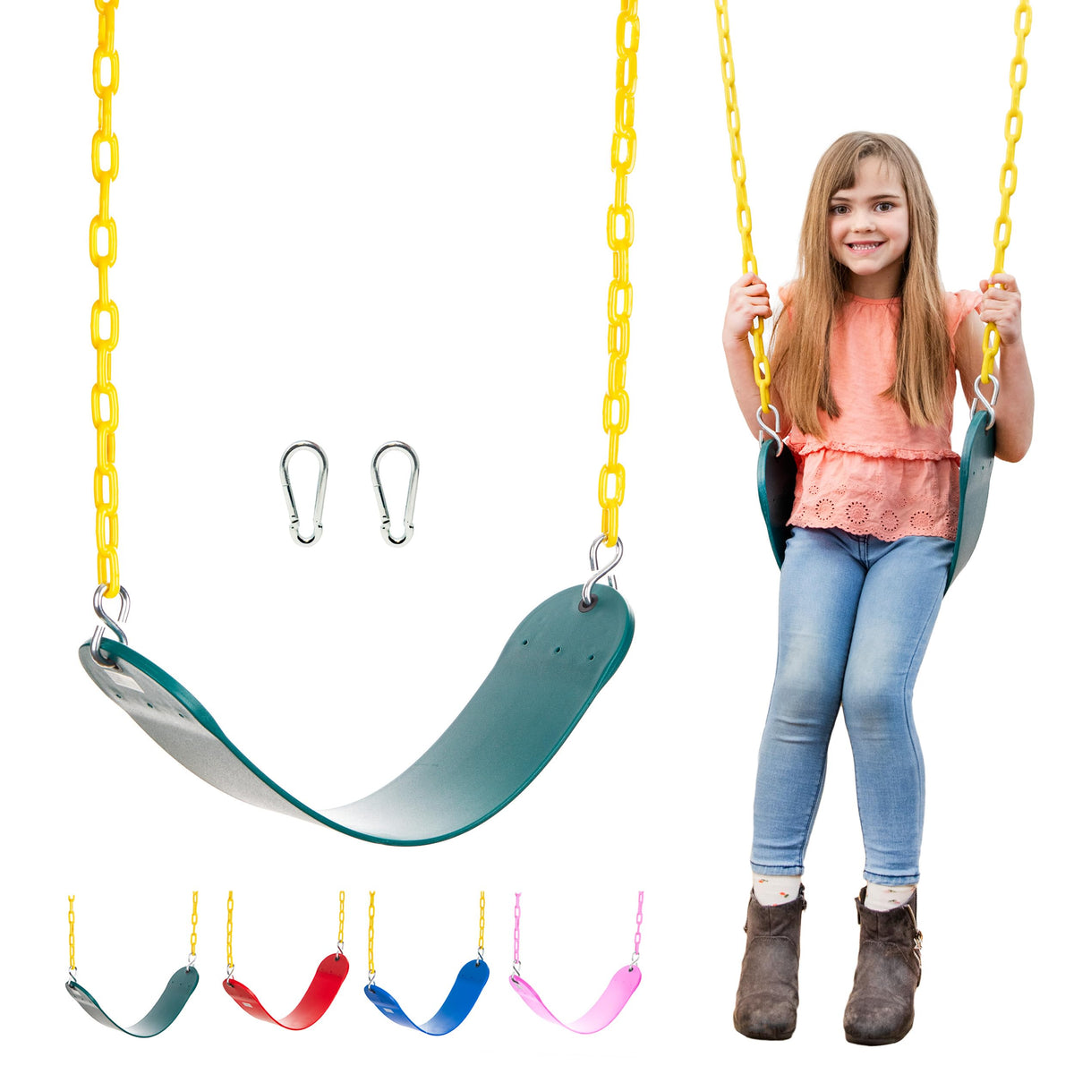 Squirrel Products heavy-duty strap swing seat in green offers sturdy backyard playtime.