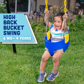 Plastic-coated chains protect fingers during toddler swing