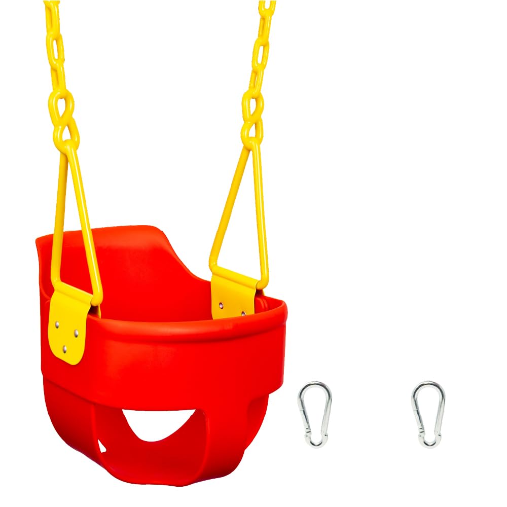 Squirrel Products premium bucket swing, red front view with high-back support for toddlers