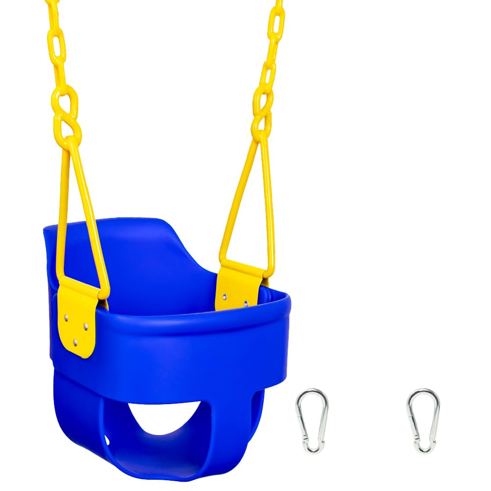 Squirrel Products premium high-back bucket swing blue front view showing comfortable seat