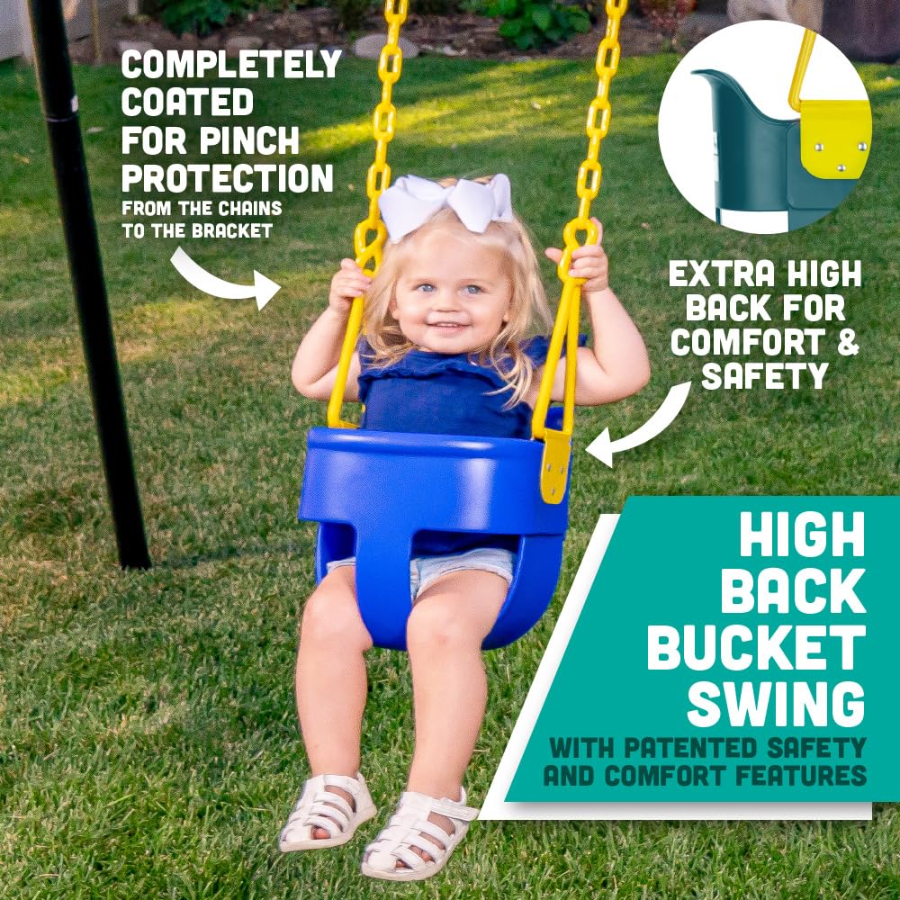Squirrel Products premium high-back bucket swing blue side view highlighting secure seating