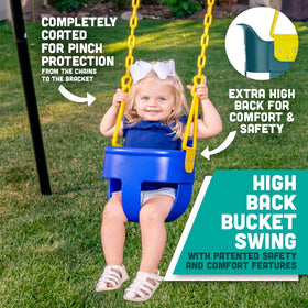 Squirrel Products premium high-back bucket swing blue side view highlighting secure seating