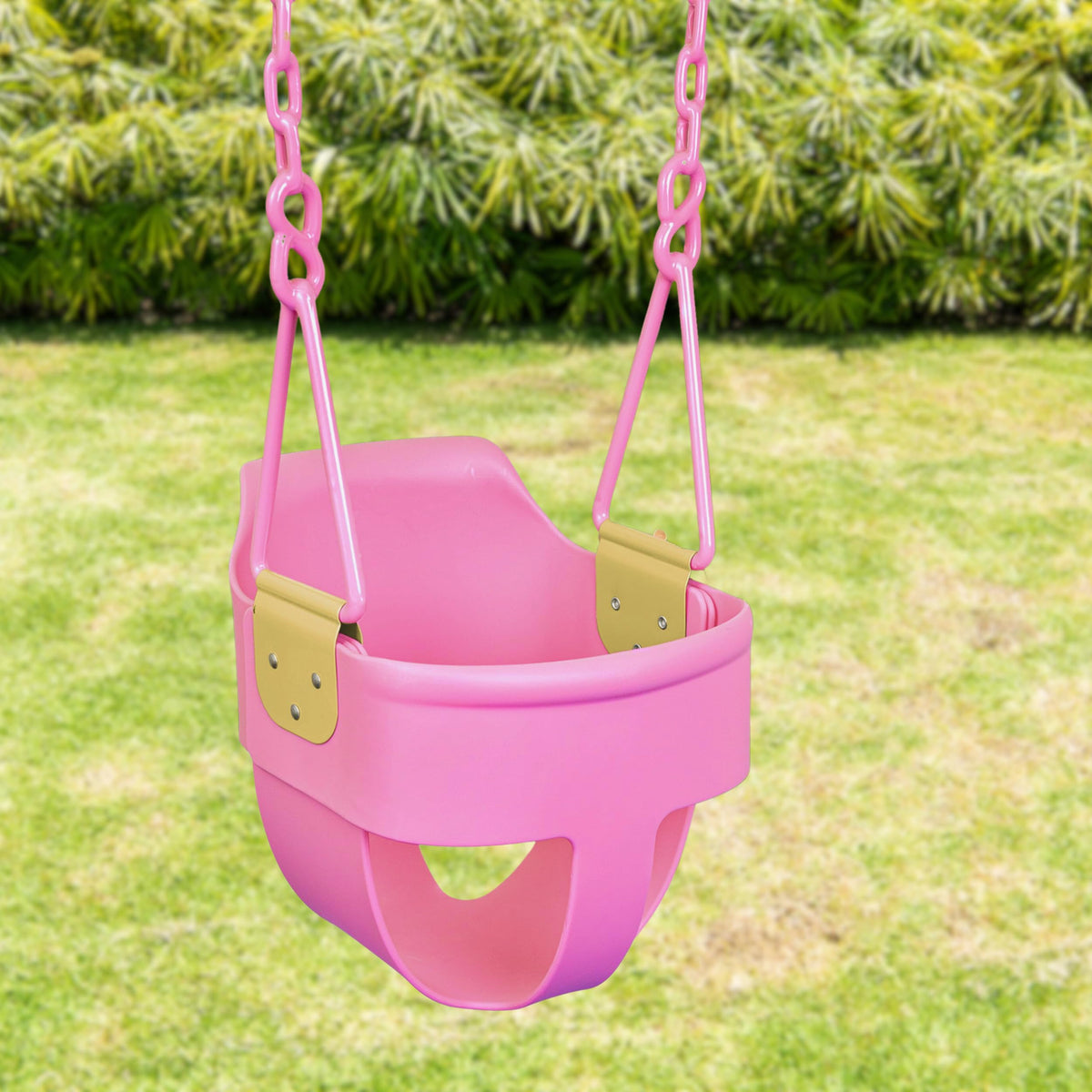 Squirrel Products pink swing adds cheerful safety to any play area.