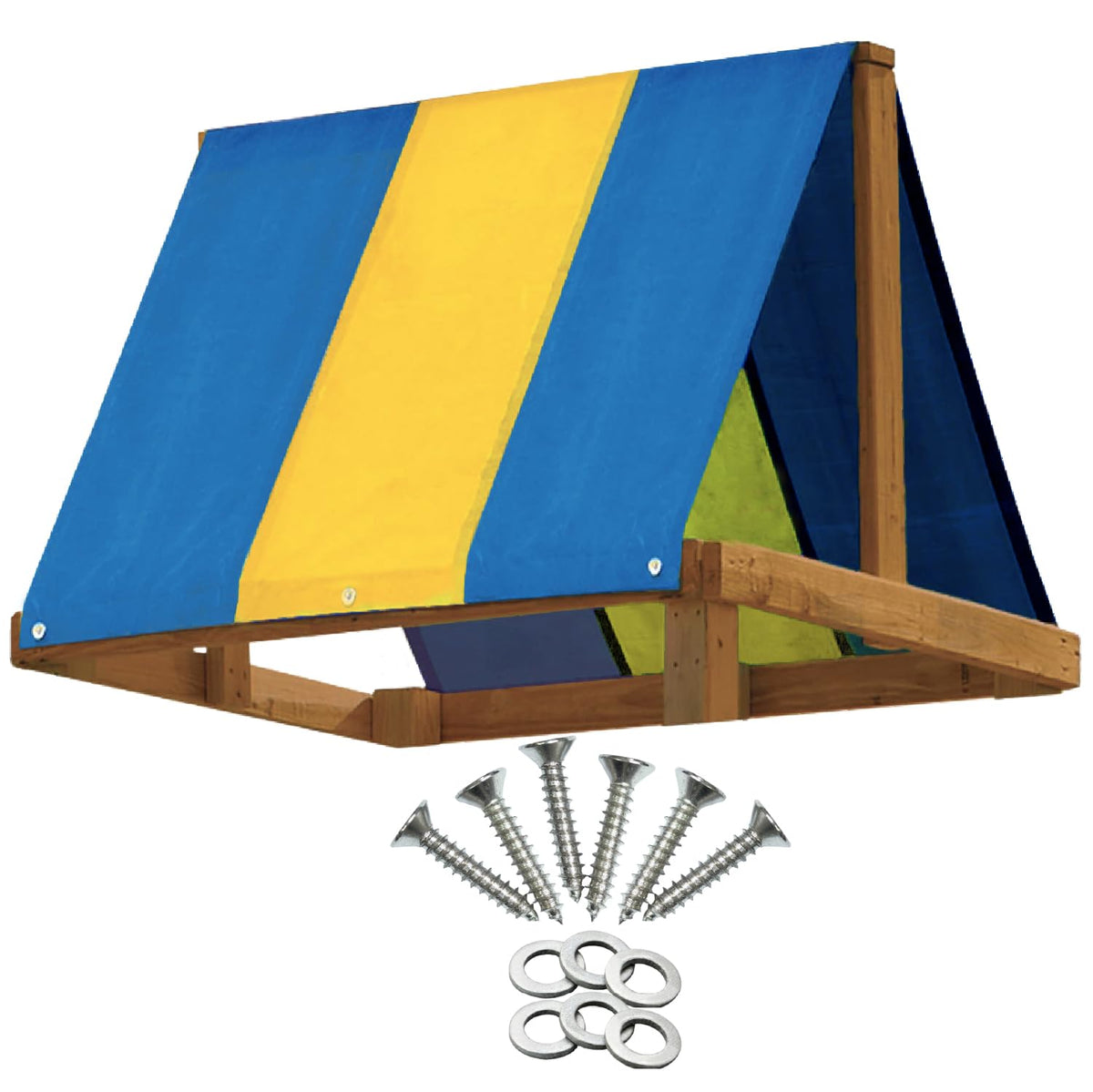 Squirrel Products tarp canopy shade over a backyard swing set provides durable coverage