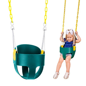Squirrel Products high-back green toddler swing seat for secure, cozy outdoor fun.