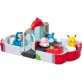 Squish-a-longs Pokémon Center Playset with flippable healing screen, supports storytelling during play.