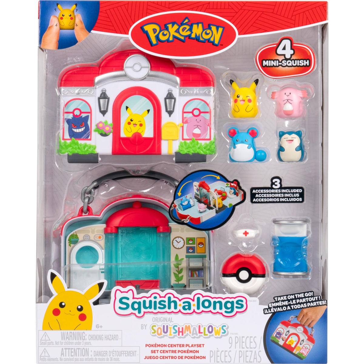 Squish-a-longs Pokémon Center Playset Marill mini-squish, cozy beanbag chair for lounging play.