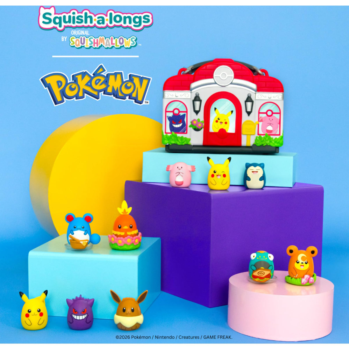 Squish-a-longs Pokémon Center Playset Snorlax mini-squish, soft display buddy for collectible adventures.