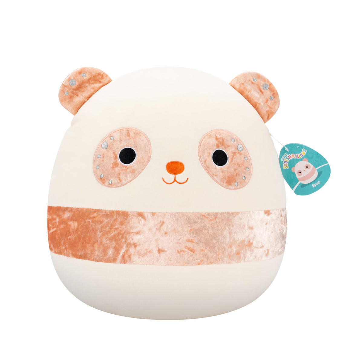 Squishmallows Bee Peach Velvet Panda face close-up for ultra-soft cuddles.