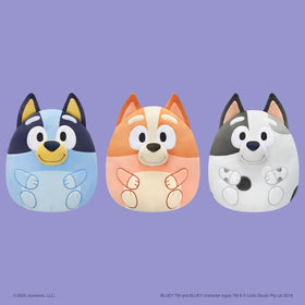 Squishmallows Bingo Bluey plush front view highlights friendly face for bedtime storytelling