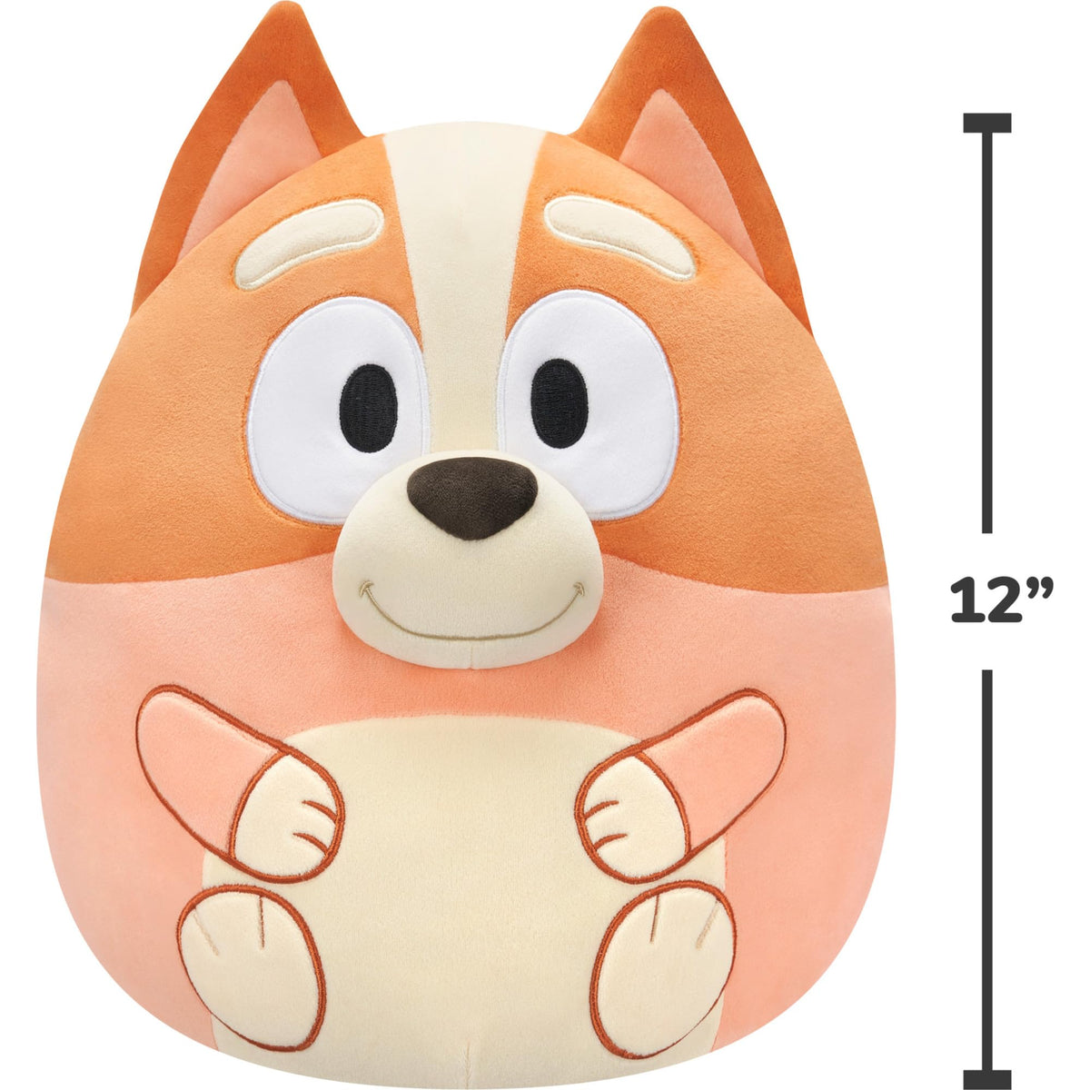 Squishmallows Bingo Bluey plush side view showcases compact 12in size for snuggles