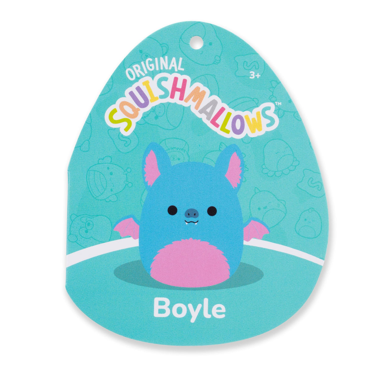 Squishmallows Boyle blue fruit bat plush lounging by a pillow for travel comfort